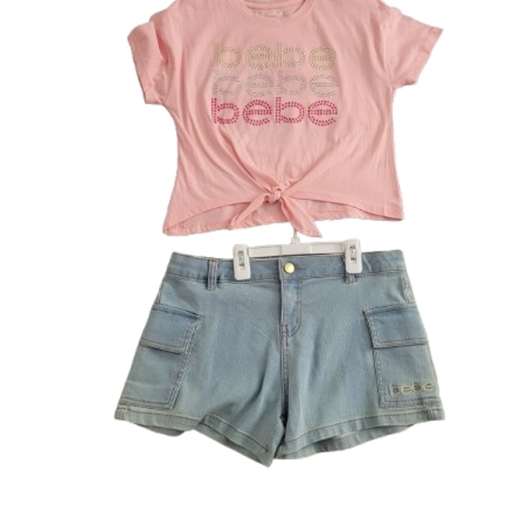 Bebe Pink Tie-Front Tee and Denim Shorts Set